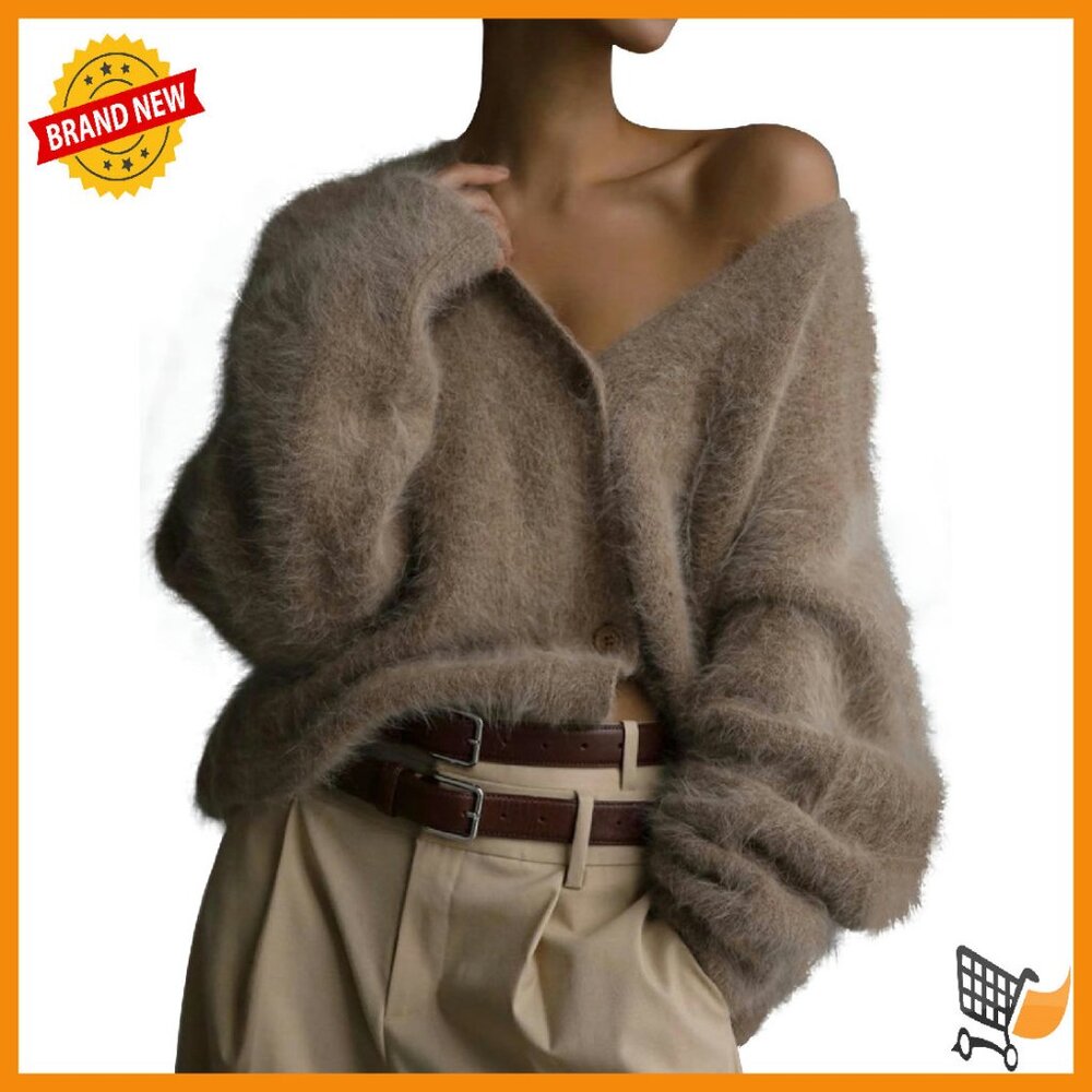 Fuzzy V-Neck Cardigan Long Sleeve Button Down Soft Plush Drop Shoulder